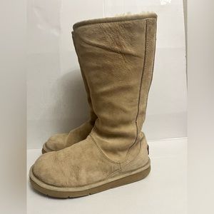 Sz 7 UGG AUSTRALIA TALL BOOTS LONG BACK ZIPPER BEIGE SUEDE SHEEPSKIN LINING